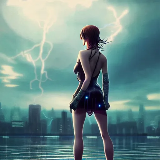 Prompt: emma watson as a beautiful cyborg - angel girl standing on a lake, rainfall, biomechanical details, digital cyberpunk anime art, full body shot, reflections, lens flare, wlop, ilya kuvshinov, artgerm, krenz cushart, greg rutkowski