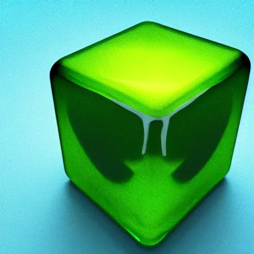 Image similar to a gelatinous cube from dnd, translucent green slime cube, 3d render, unreal engine, volumetric lighting, artstation