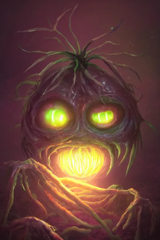 Image similar to a glowing humanoid figure onion monster with large glowing eyes, ambient lighting, highly detailed, digital art, sharp focus, trending on art station, plant, anime art style