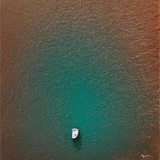 Image similar to aerial view of a lone boat in the middle of the ocean. art in the style of Duy Huynh. detailed. sharp W-1024 H-1024