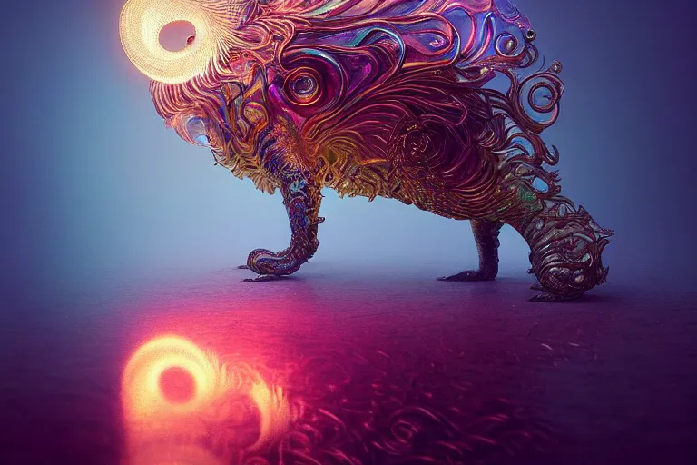 Image similar to iridescent opalescent animal, backlit, warm tones, bioluminescent : by michal karcz, daniel merriam, victo ngai and guillermo del toro : ornate, dynamic, particulate, intricate, elegant, highly detailed, centered, artstation, smooth, sharp focus, octane render