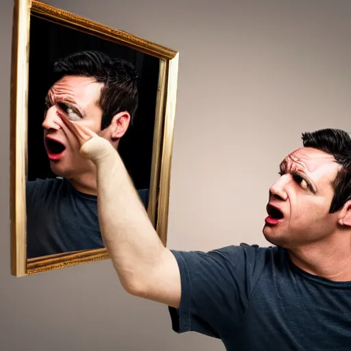 Prompt: a man panics, looking at reflection, mirror, cobra dimension