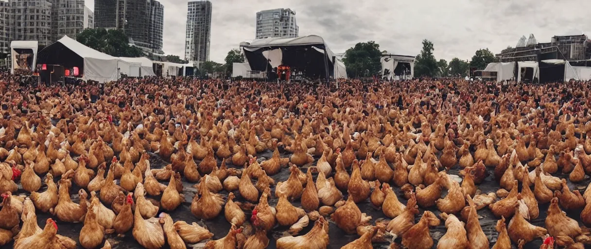 Prompt: music festival full of chicken with trendy clothes. no humans, no people, no men.