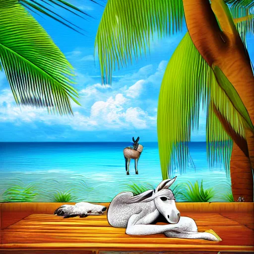 Image similar to donkey on a sunbed, tropical vacation, digital art