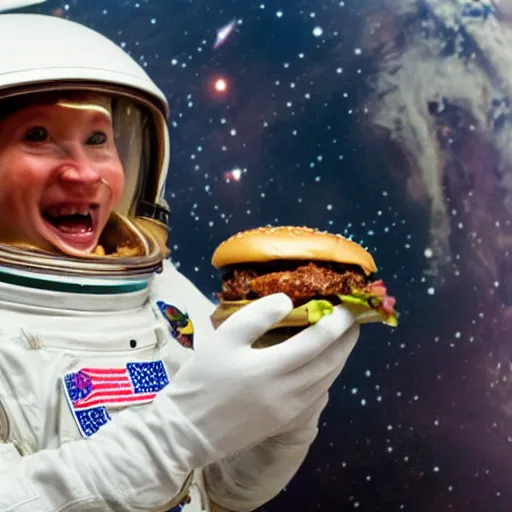 Image similar to an astronaut eating burger at space