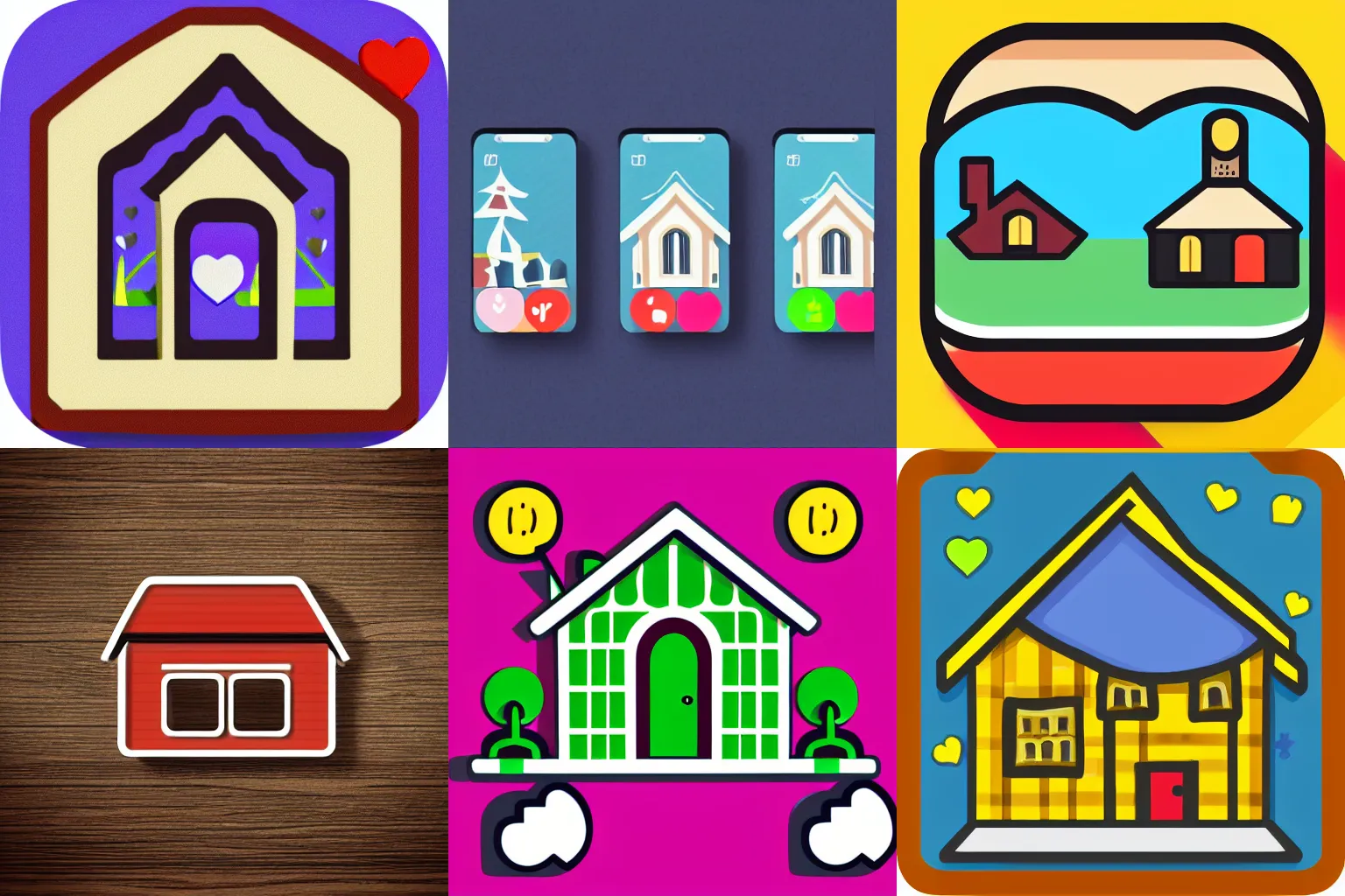 Prompt: app icon of a miniature swiss cottage with hearts, dating app icon, rounded geometric design with color gradients