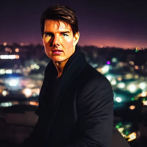 Image similar to a still of Tom Cruise. Shallow depth of field. City at night in background, lights, colors ,studio lighting, mood, 4K. Profession photography