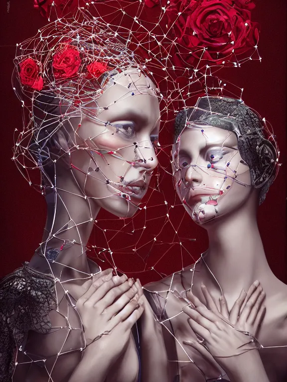Prompt: a complex 3d concept art ultra detailed of two tulle wrapped perfect human face female half android queens praying together with wires tangled behind them connected to giant computer,bowknot, fine lace. GUCCI,sculpture,red rose, sparkling, jewel embellishment, cyberpunk 2077, film lighting, by Stanely Artgerm, Tom Bagshaw, Andrei Riabovitchev, aaron horkey, trending on pinterest,ZBrush, full of color, luxury, mythological, ultra realistic, high detail,golden ratio,cinematic lighting