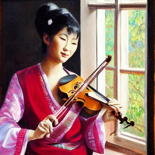 Image similar to painting of beautiful asian woman playing violin in front of a window