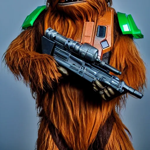 Image similar to chewbacca as master chief, highly detailed, extremely high quality, hd, 4 k, 8 k, canon 3 0 0 mm, professional photographer, 4 0 mp, lifelike, top - rated, award winning, realistic, detailed lighting, detailed shadows, sharp, no blur, edited, corrected, trending