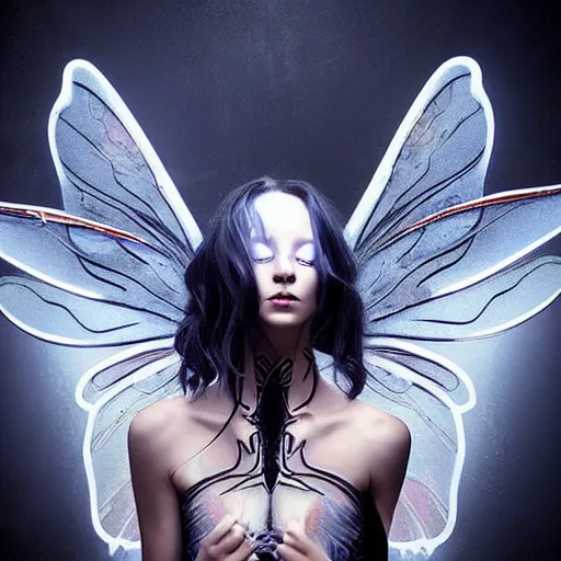 Image similar to a beautiful dark cyberpunk faerie with large wings in a dynamic pose, symmetrical face, art by Casimir, artgerm, Svetlana Belyaeva, Photorealistic, professional photo, Zeiss 50mm F 10, dynamic lighting, cinematic