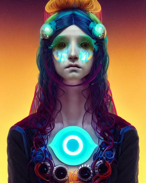 Image similar to an asymmetrical portrait of a bioluminescent patchwork doll, highly detailed, digital painting, cinematic, hyperrealism, dark retrowave, art by stanley lau and artgerm and magali villeneuve and alphonse mucha, artstation, octane render, cgsociety, james jean, victo ngai, david rubin, mike mignola, laurie greasley