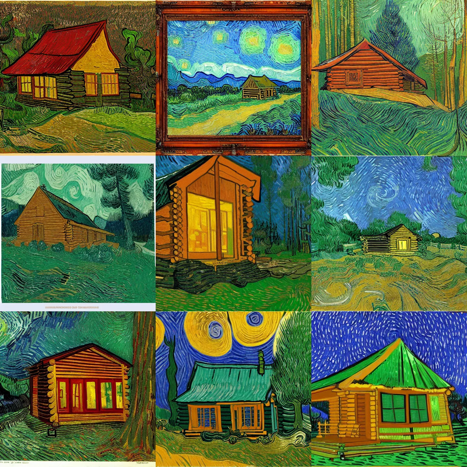 Prompt: [ a log cabin in the forest ] [ van gogh ] [ undertones ]