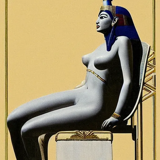 Image similar to Cleopatra sitting on her throne Egyptian architecture Monica Bellucci painted by Alberto Vargas