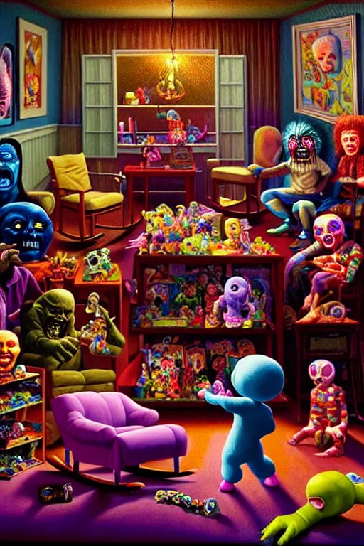 Prompt: a hyperrealistic painting of a room full of evil possessed toys watching a grandma in a rocking chair, cinematic horror by chris cunningham, lisa frank, richard corben, highly detailed, vivid color,