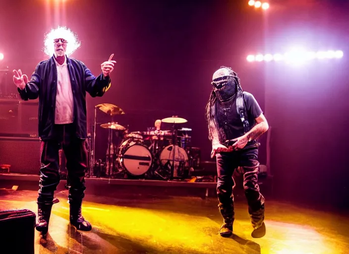 Image similar to publicity photo still of larry david touring with slipknot live on stage, 8 k, live concert lighting, mid shot