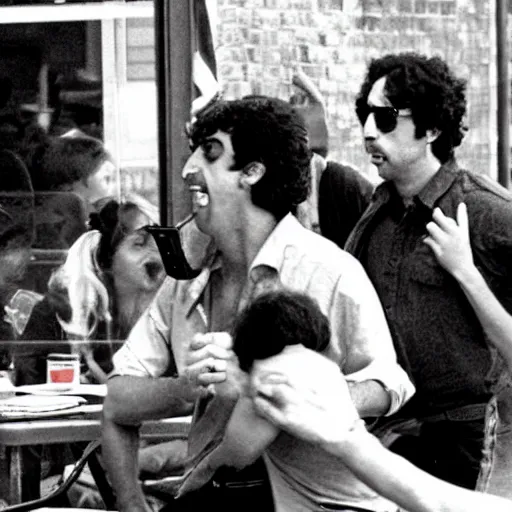 Image similar to comet pizza hostage situation in the style of dog day afternoon cinematic