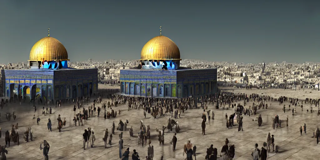 Prompt: dome of the rock, people walking, action scene, an epic fantasy, dramatic lighting, cinematic, establishing shot, extremely high detail, photorealistic, cinematic lighting, artstation, octane render, by christopher nolan, horizon forbidden west