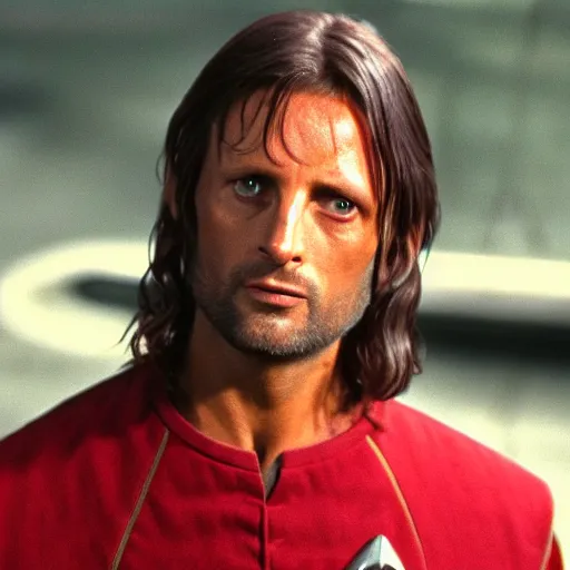 Image similar to Aragorn as Scotty on Star Trek: The Original Series, red shirt, no crop, face visible, sharp focus, high quality, very realistic, 4k