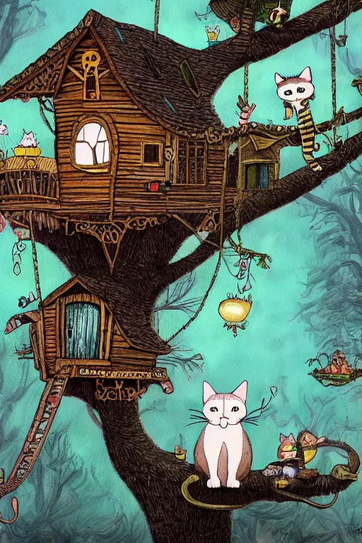 Image similar to The cat in the tree house illustrated by Tim Burton, Trending on artstation, artstationHD, artstationHQ, 4k, 8k