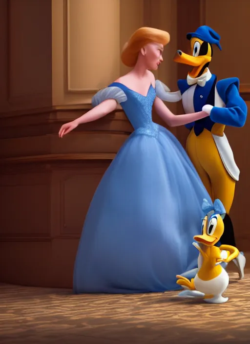 Prompt: cinderella and donald duck on a date the ritz, octane render, elegant, cinematic, elegant, intricate, 8 k