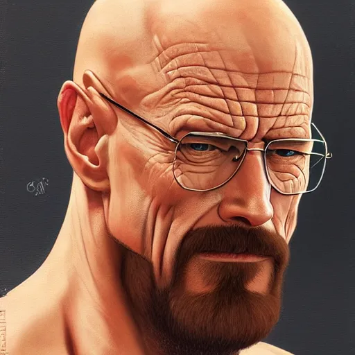 Image similar to the ultimate gigachad, incredibly muscular walter white, walter white with chiseled jawline, trending on / r / moreplatesmoredates, oil on canvas artstation by j. c. leyendecker and edmund blair leighton and charlie bowater octane render