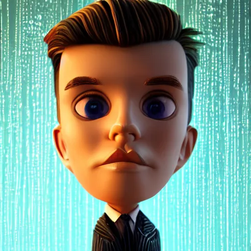Image similar to cartoon portrait made out of rain, pinstripe suit, short blond hair, galactic background, rendered in octane, unreal engine, highly detailed, trending on artstation, realistic, splashes of neon, beautiful