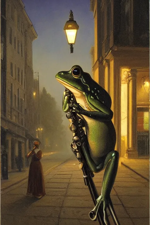 Image similar to a frog playing saxphone alone on a street corner, under a street lamp, at night, painting by edward poynter, trending on artstation