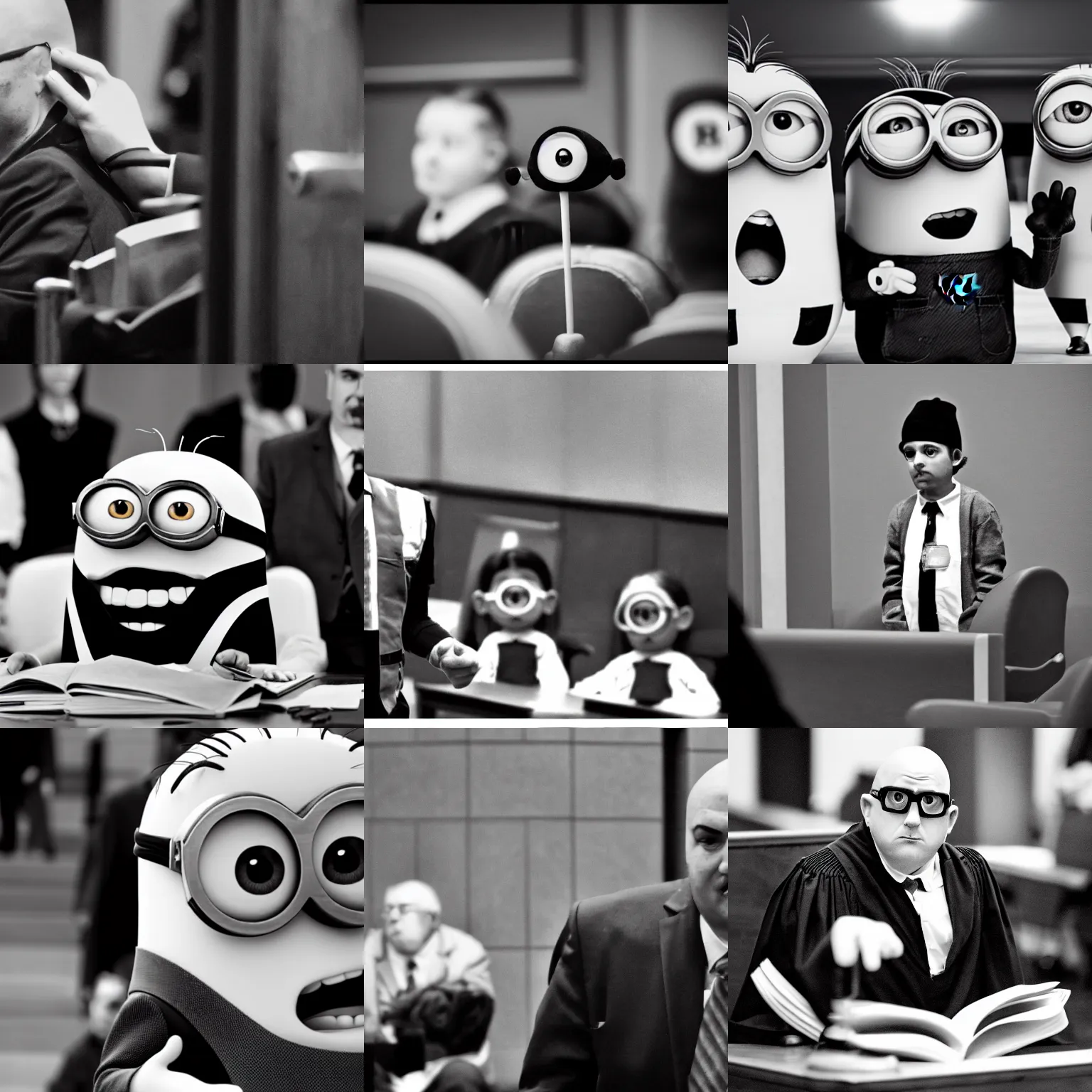 Prompt: A black and white photograph of a Minion from Despicable Me on trial in court for his crimes against humanity