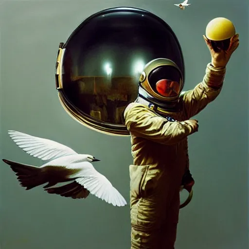 Image similar to a cosmonaut floating with birds coming from its helmet by Jeremy Geddes, dreamy, ethereal, photo realistic, oil painting