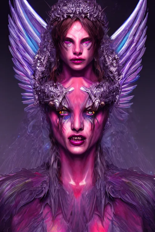 Image similar to hyper detailed ultra sharp of a beautiful azazello is one of the demonic and mystical characters in the work, a negative character in biblical stories, a fallen angel who opposed the will of god. various reference for artists, facial expressions, trending on artstation, neon colors, hyper detailed, digital art, cinematic lighting, concept art by artgerm, 8 k