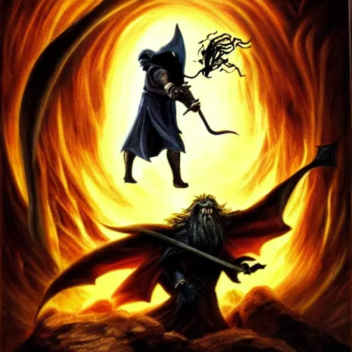 Image similar to gandalf fighting a balrog, dark atmosphere, dark cave lighting, fantasy generation, oil painting framed