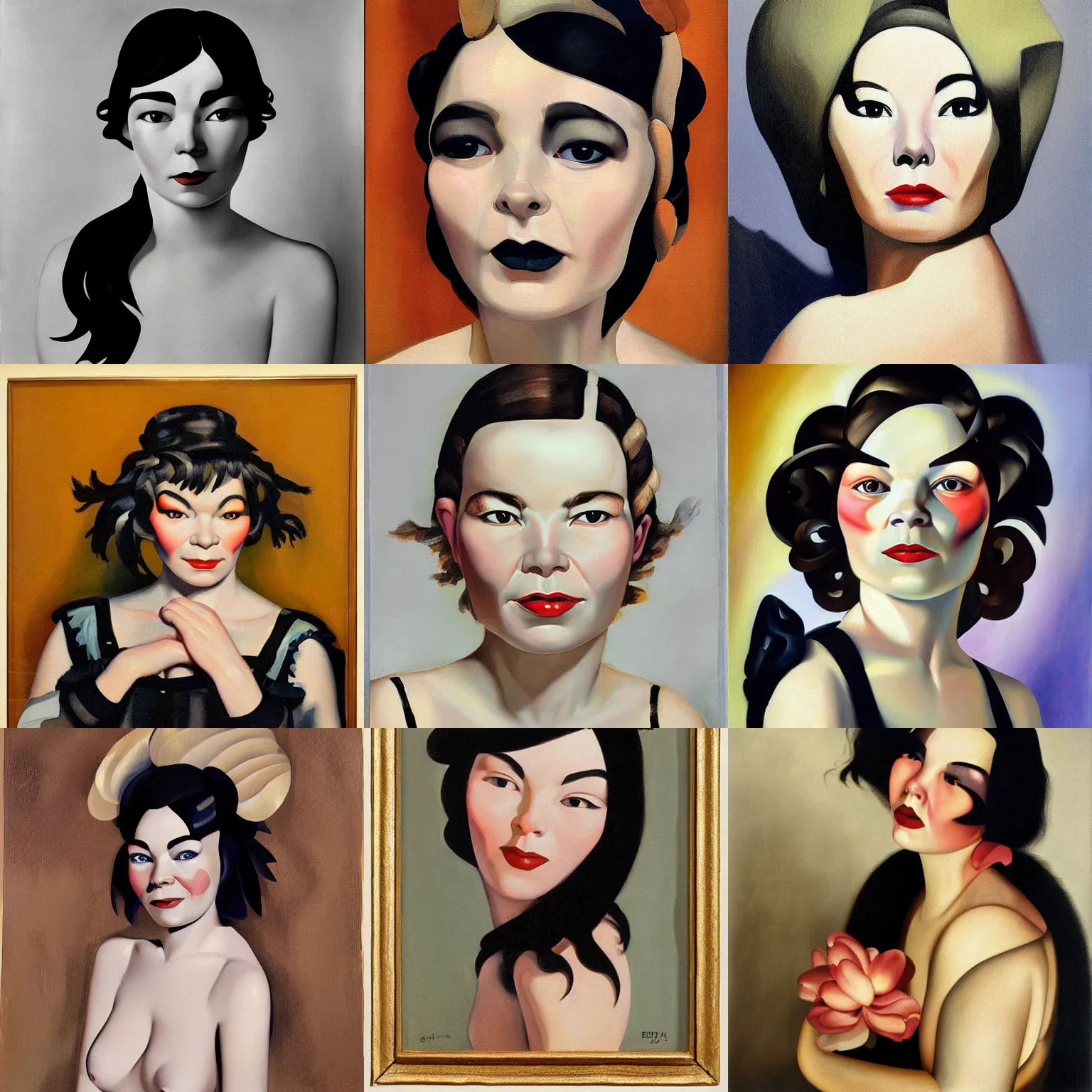 Prompt: detailed, beautiful portrait of bjork squinting. bjork painted by tamara de lempicka, 1 9 2 7.