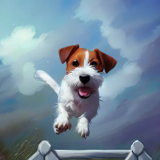 Prompt: adorable jack russel terrier jumping over a white picket fence, fantasy art, artstation character design contest winner, trending on cgsociety, concept art, speedpaint, beautiful digital art, jesper ejsing, james jean, justin gerard, fenghua zhong, makoto shinkai, highly detailed