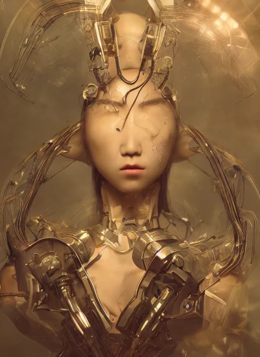 Image similar to portrait of a futuristic korean latex goth girl cyborg, modern fine art, fractal, intricate ornaments, elegant, highly detailed, digital photography, subsurface scattering, by jheronimus bosch and greg rutkowski,