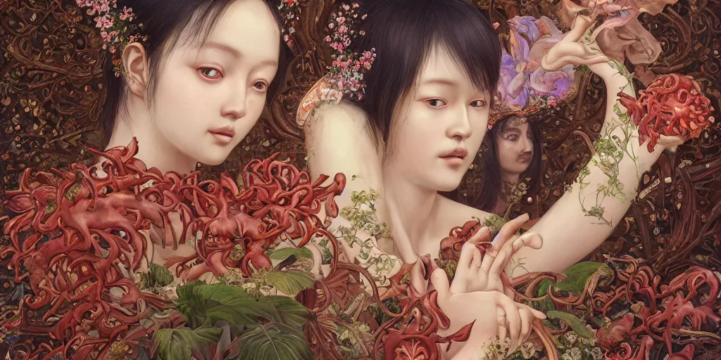 Image similar to breathtaking detailed concept art painting of the goddess of rafflesia arnoldii flowers, orthodox saint, with anxious, piercing eyes, ornate background, amalgamation of leaves and flowers, by Hsiao-Ron Cheng, James jean, Miho Hirano, Hayao Miyazaki, extremely moody lighting, 8K