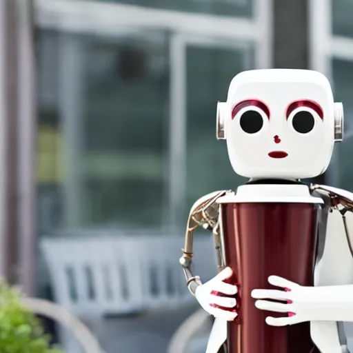 Prompt: feminine robot holding coffee outside, photograph