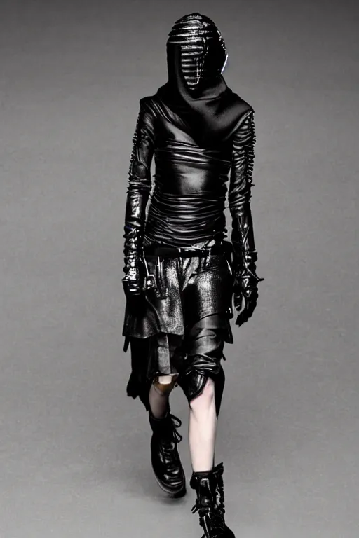 Image similar to beautiful androgynous high fashion avant garde techwear look and clothes, we can see them from feet to head, highly detailed and intricate, luxury, cinematic, rick owens, yohji yamamoto, y 3, outfit photo, hot on r / streetwear, trending on artstation,