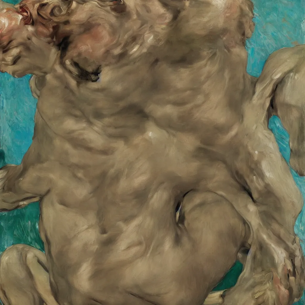 Prompt: high quality high detail painting by lucian freud, jenny savile, ilya repin and john singer sargent, mutation and elastic skin, turquoise, hd