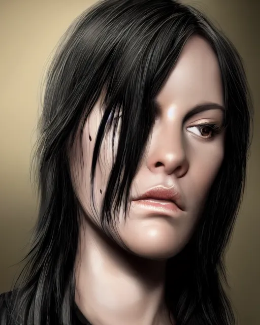 Image similar to portrait of a tall 4 0 - year - old woman with thin lips, heavy - lidded eyes, a strong jaw and long, thick shining black hair, thick eyebrows and long eyelashes, wearing in black clothes, hyper realistic face, beautiful eyes, character art, art by mark brooks, hyperdetailed, cryengine, trending on artstation, digital art