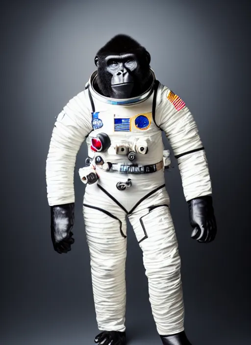 Image similar to studio photo still of a full body gorilla in a space suit, 8 k, studio lighting, key light from right side,