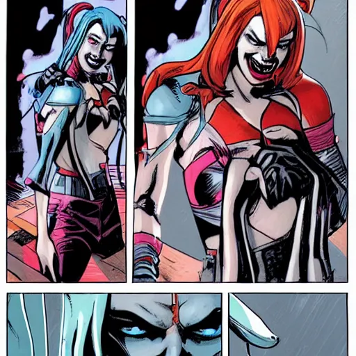 Image similar to in the style of rafael albuquerque comic art, harley quinn and her maniacal plans.