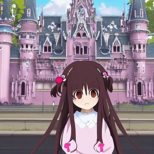 Image similar to menhera - chan, anime girl with long brown hair and black hoodie, posting in front of the wdw castle, kyoani, kyoto animation, key visual