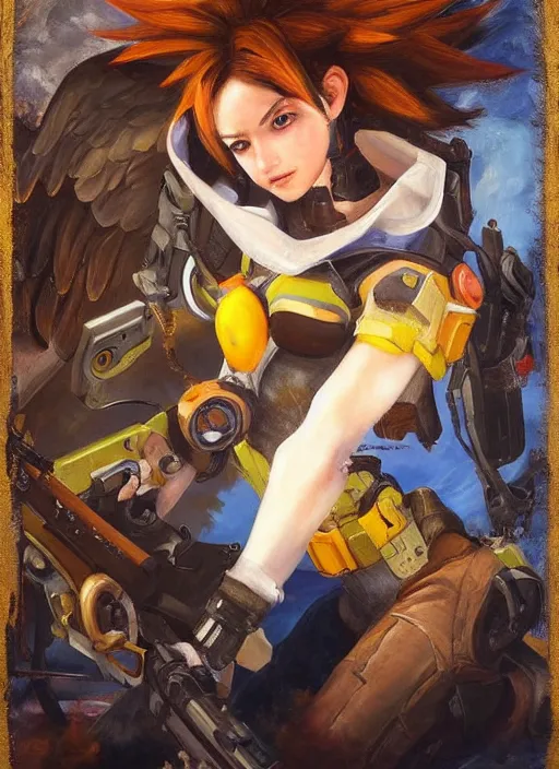 Image similar to oil painting of tracer overwatch in the style of sophie anderson, flying, angel wings,