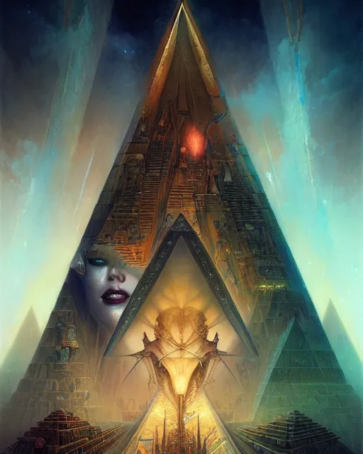 Image similar to inside a pyramid made of pyramids and eyes fantasy character portrait, ultra realistic, wide angle, intricate details, blade runner artifacts, highly detailed by peter mohrbacher, boris vallejo, hajime sorayama aaron horkey, gaston bussiere, craig mullins