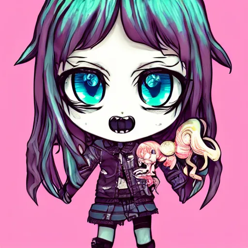 Prompt: portrait of a grungy skull anime and chibi very cute doll by super ss, cyberpunk fashion, nendoroid, kawaii, curly pink hair, night sky, looking up, swirly clouds, neon yellow stars, by wlop, james jean, victo ngai, muted colors, highly detailed