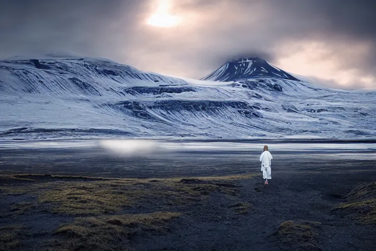 Image similar to a cinematic wide angle photograph of a traveller walking through a vast serene icelandic landscape, beautiful lighting, high depth, ultra realistic, artistic, by michal karcz and john harris