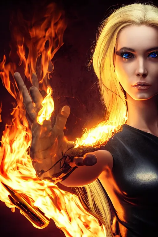 Image similar to gorgeous blonde woman with fire in her hand, cyberpunk, realistic, high definition, many details, symmetrical face, realistic eyes, art of arcane