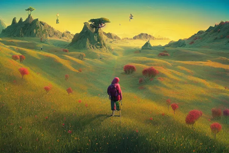 Image similar to a solo backpacker wondering in a beautiful surreal landscape, summer morning, very coherent and colorful high contrast, art by gediminas pranckevicius, geof darrow, dark shadows, hard lighting