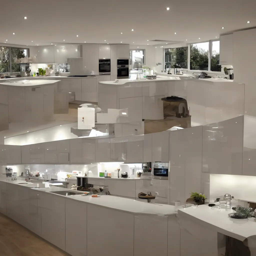 Prompt: modern kitchen with led strip lighting, homes and gardens, super detailed render, award winning,